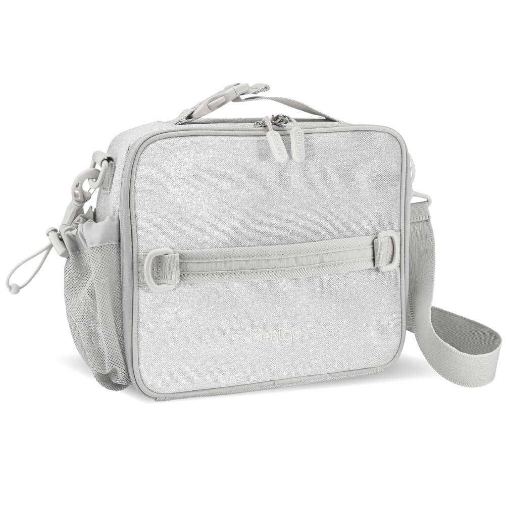 Bentgo Kids Lunch Bag - Double-Insulated, Reusable Lunch Bag for Kids 3+ with Adjustable Strap; Holds Lunch Box/Water Bottle/Snacks; Easy-Clean, Water-Resistant & Pockets (Glitter Edition - Silver)