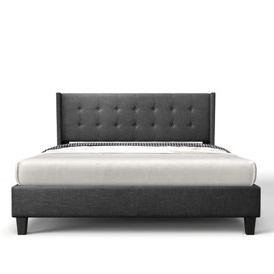 BONSOIR Queen Size Dark Grey Bed Frame Upholstered Traditional Low Profile Platform with Wing Back Headboard Linen Fabric Upholstery/(Dark Grey, Queen Size)