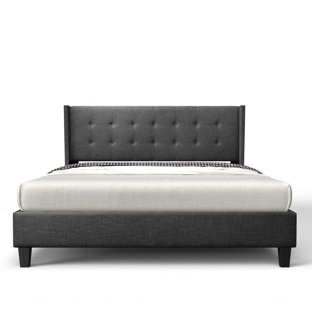 BONSOIR Queen Size Dark Grey Bed Frame Upholstered Traditional Low Profile Platform with Wing Back Headboard Linen Fabric Upholstery/(Dark Grey, Queen Size)