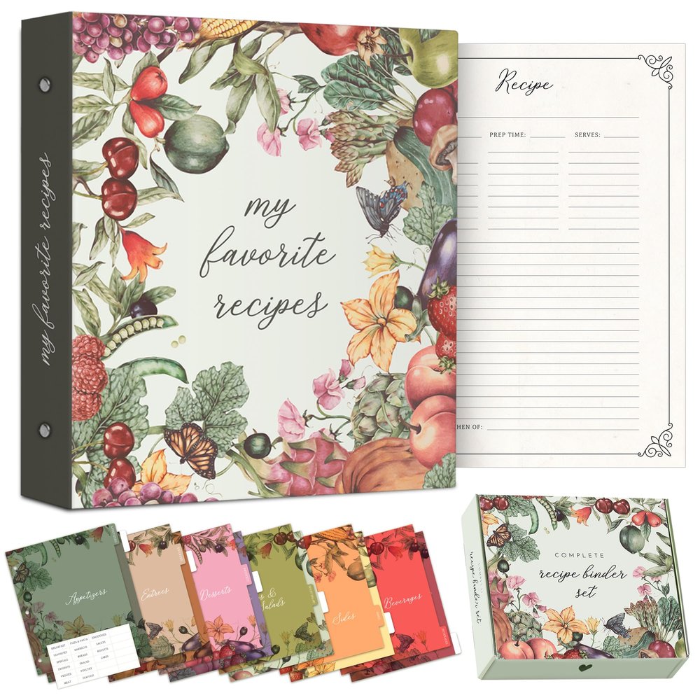 Recipe book for own recipes to Entertain and Delight: 3 Ring Binder 8.5x11 Full-Page with Clear Protective Sleeves A Comprehensive Recipe Binder to organize your family recipe book by category. (Multicolor)