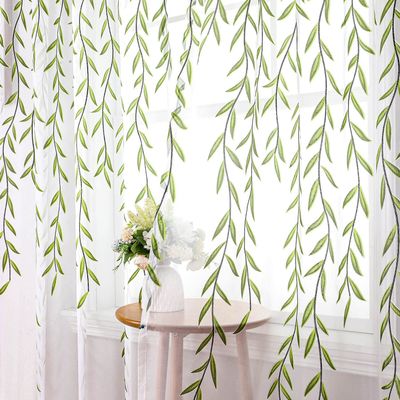 108 inch Sheer Curtains with Design 2 Panels Set for Windows Green Vine Leaf Pattern Bedroom Curtains Printed Long Curtain Sheers White Transparent Drapes for Living Room