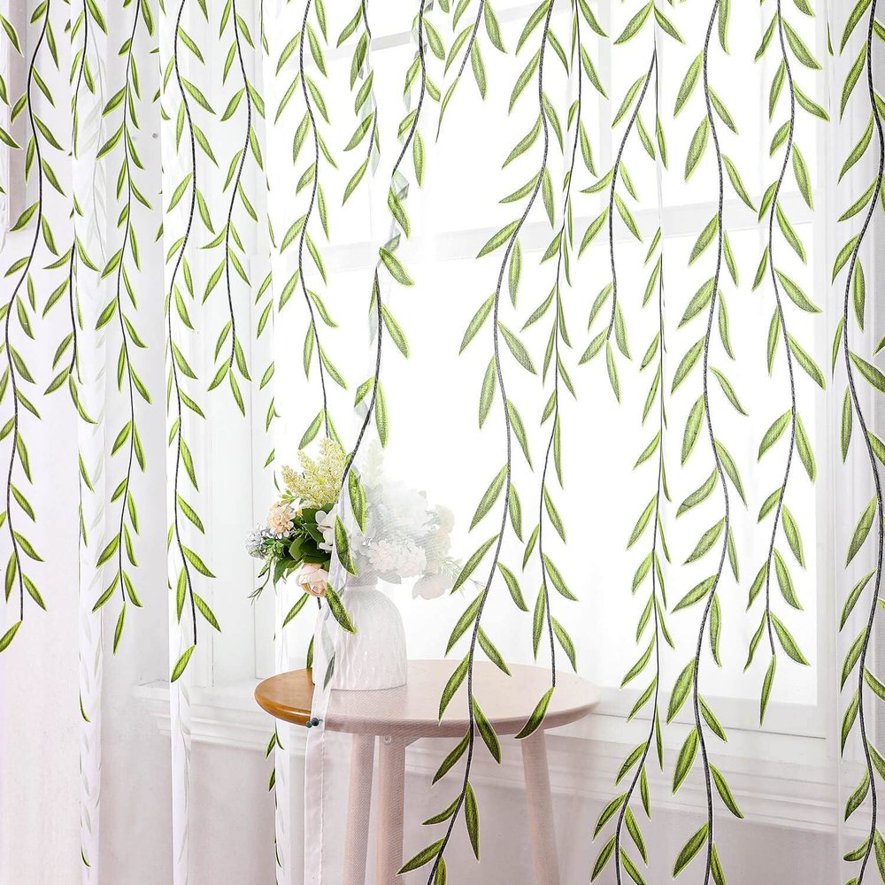 108 inch Sheer Curtains with Design 2 Panels Set for Windows Green Vine Leaf Pattern Bedroom Curtains Printed Long Curtain Sheers White Transparent Drapes for Living Room