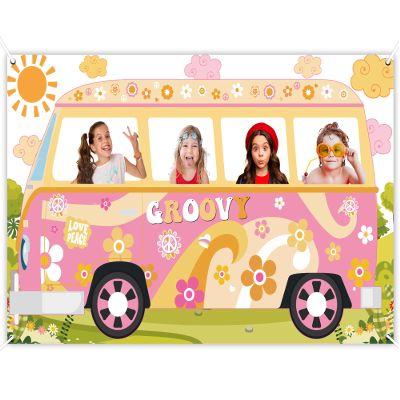 Hippie Bus Photo Prop Groovy Birthday Party Decorations Large Fabric Groovy Van Prop Hippie Selfie Frame Backdrop Background Banner Birthday Supplies Retro Daisy 60s 70s Party Favors 65.8 x 35.4 Inch