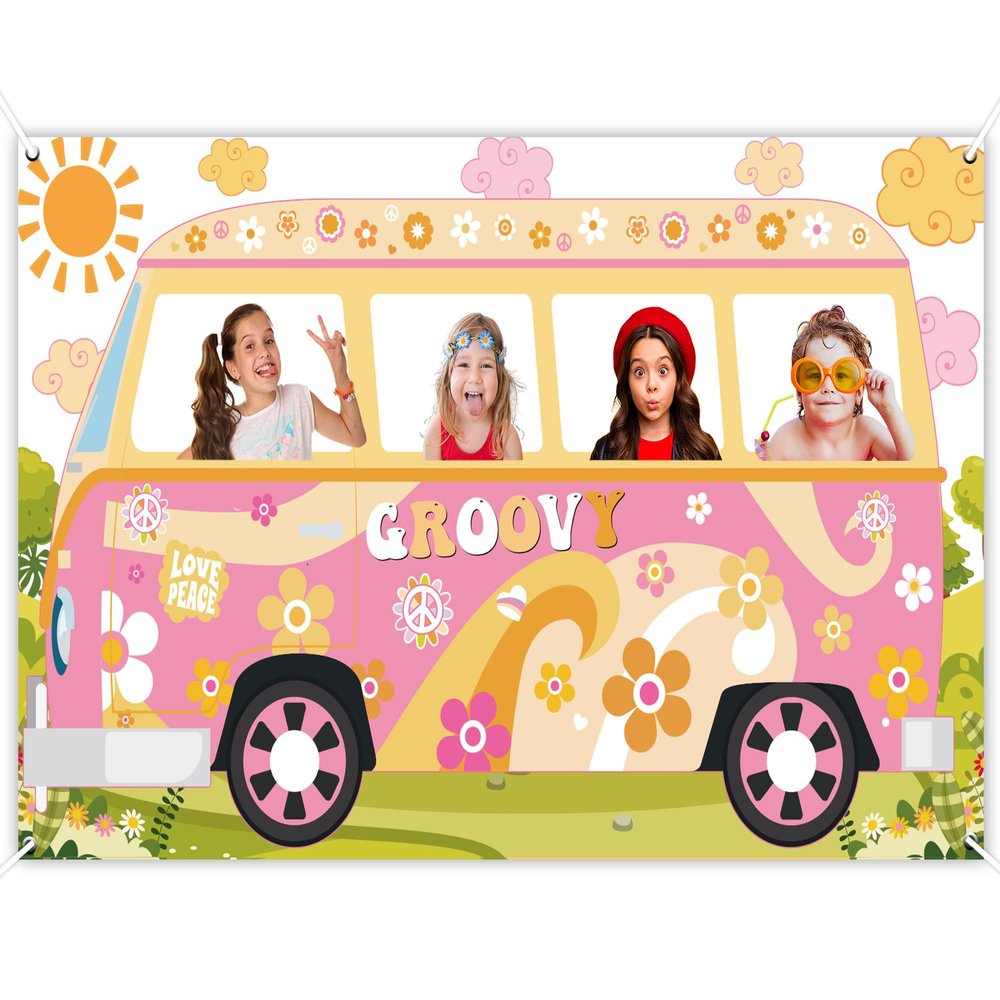 Hippie Bus Photo Prop Groovy Birthday Party Decorations Large Fabric Groovy Van Prop Hippie Selfie Frame Backdrop Background Banner Birthday Supplies Retro Daisy 60s 70s Party Favors 65.8 x 35.4 Inch