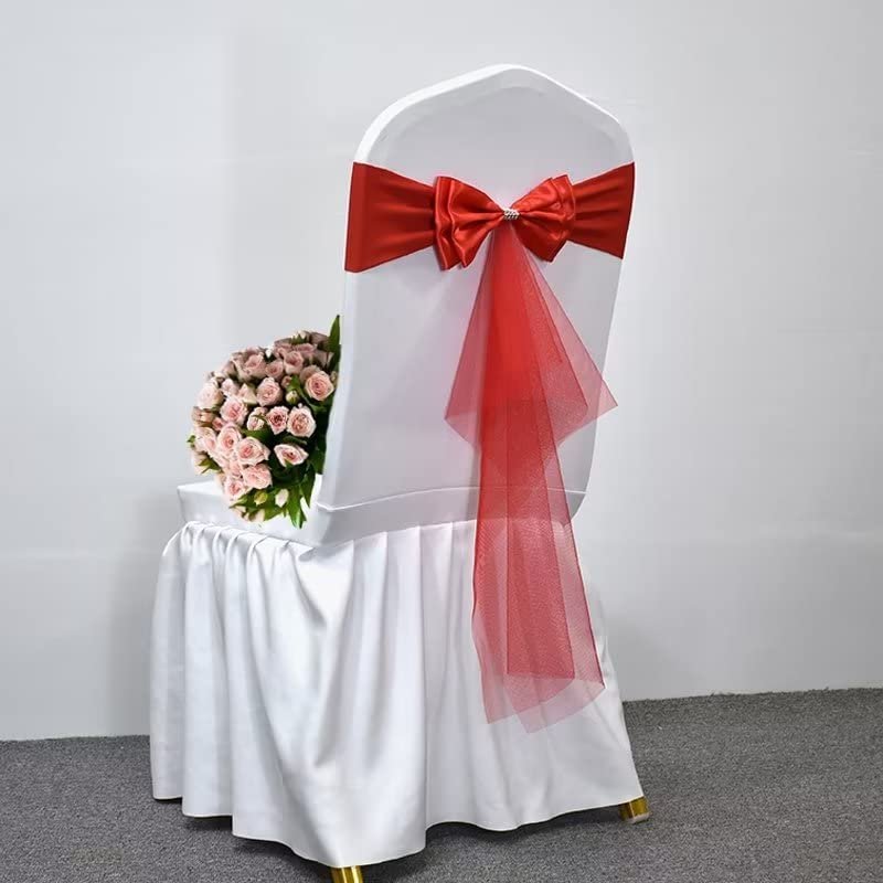 Pack of 50 Double Bows Organza Stretch Chair Sashes for Romantic Wedding Holiday Party Celebration Birthdays Chair Decorations (Red, 50pcs)