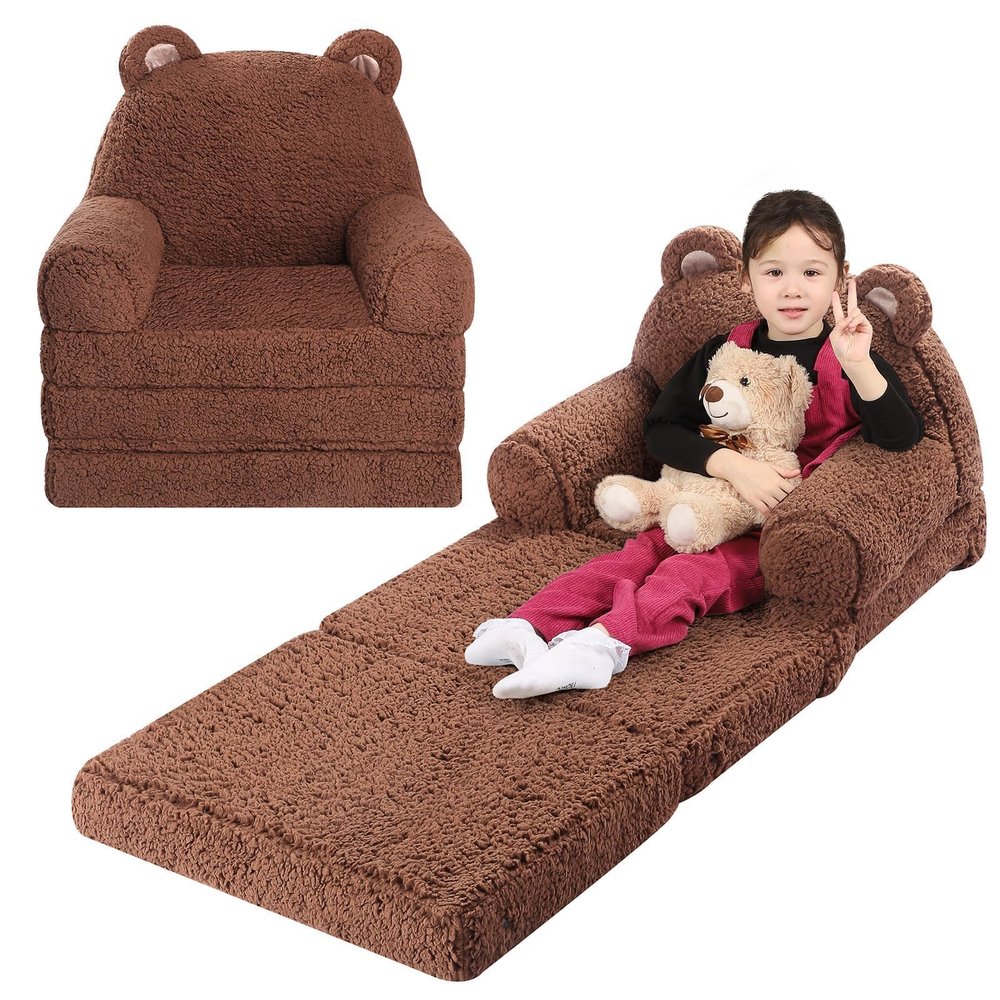 MOMCAYWEX Kids Sofa, Sherpa Couch with Tri-Layer Foam Cushions, Comfy Seating for Kids Age 36 Years, Brown