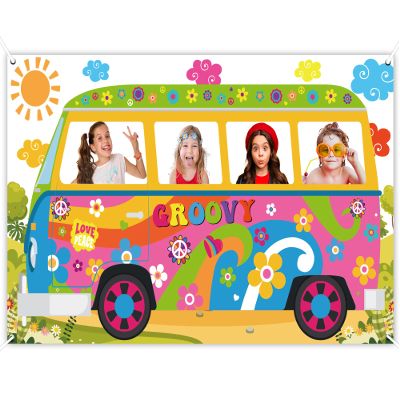 60's Hippie Bus Photo Prop 60s Party Decorations Large Fabric Retro Groovy Van Prop Hippie Selfie Frame Backdrop Background Banner Birthday Party Supplies Retro 60s 70s Party Favors 65.8 x 35.4 Inch
