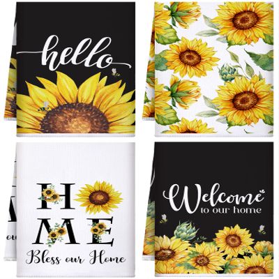 Bencailor 4 Pcs Sunflower Kitchen Towels Welcome to Our Home Hand Dish Towels Flower Floral Fast Drying Absorbent Dishcloths Set Housewarming Gift for Summer Cooking Spring Kitchen Bathroom