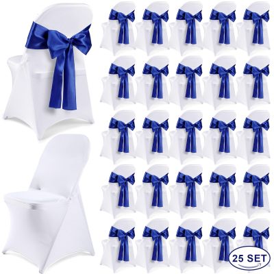 Lounsweer 50 Pcs Folding Chair Cover Set with 25 Stretch Spandex Slipcovers 25 Satin Chair Sashes Bows Ribbon Washable Banquet Protector for Wedding Event Party(White, Royal Blue)