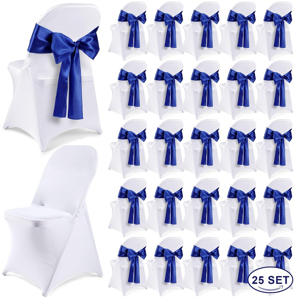Lounsweer 50 Pcs Folding Chair Cover Set with 25 Stretch Spandex Slipcovers 25 Satin Chair Sashes Bows Ribbon Washable Banquet Protector for Wedding Event Party(White, Royal Blue)