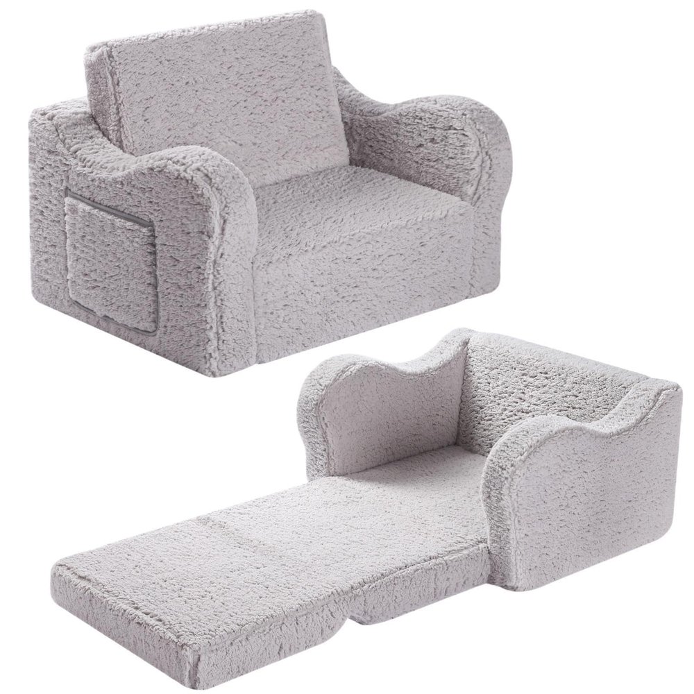 MOMCAYWEX Kids Sofa Chair, 2-in-1 Foldable Couch, Sherpa, Grey