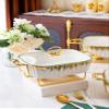 HONHPD 3 Piece Set Chafing Dish Buffet Set, Ceramics Chafer with Imitation Marble Finish, Chafer and Buffet Warmer Set for Buffet Weddings,Parties, Banquets,Catering Events,Golden view 2