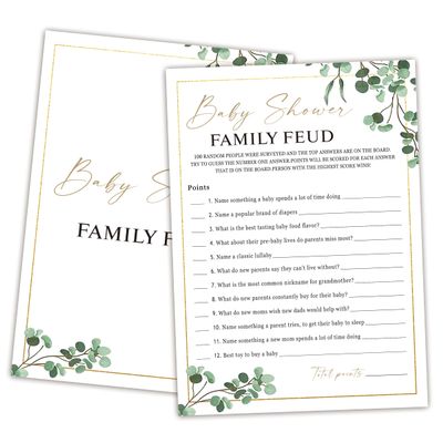 Family Feud Baby Shower Game - Pack of 30 Cards, Answer Key, Greenery Decorations, Feud Game Supplies-04