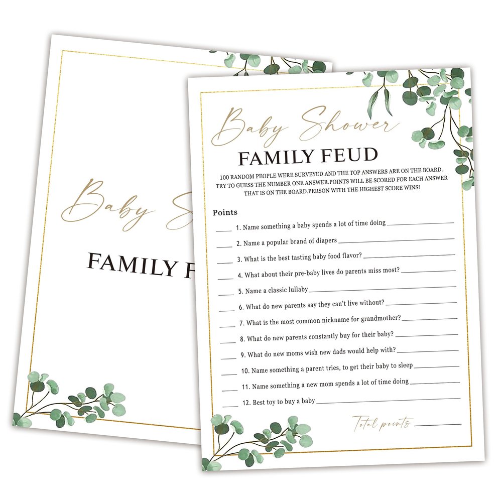 Family Feud Baby Shower Game - Pack of 30 Cards, Answer Key, Greenery Decorations, Feud Game Supplies-04