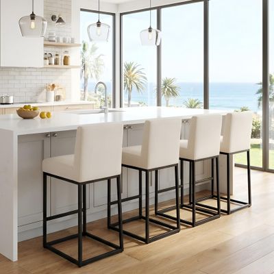 BESTANO 27" Counter Height Bar Stools Set of 4, Linen Upholstered Kitchen Island Stools with Padded Back and Black Metal Frame for Counter Island, Cream