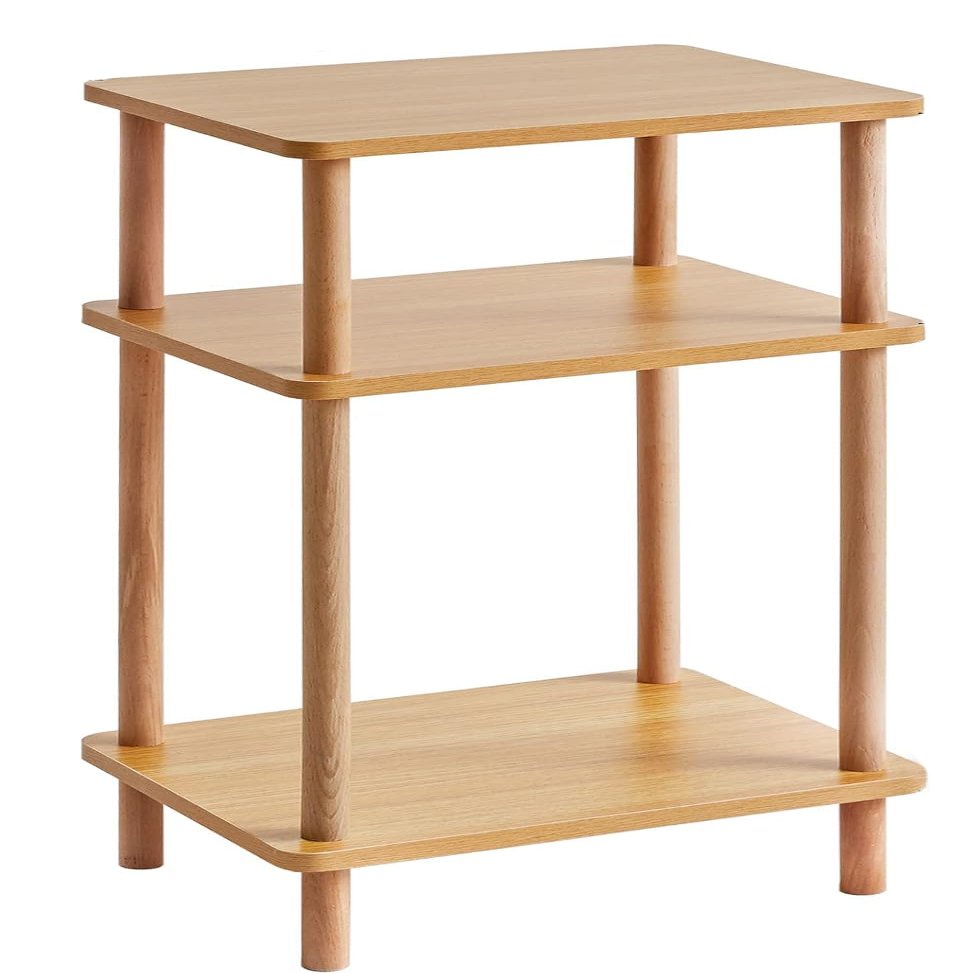 WENFOME Solid Wood End Table, 3-Tier Side Tables with Storage Shelves, Tall Nightstand Bedside Table for Living Room Bedroom Toilet No-Tool Easy Assembly (Burlywood)