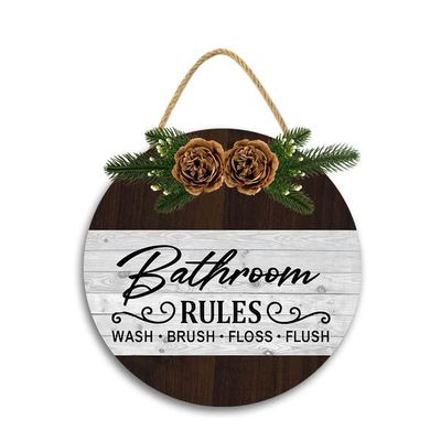 12x12In Bathroom Rule Wall Wooden Sign,Wood Hanging Wall Bathroom Plque,Farmhouse Toilet Decorations Restroom Wall Decor,Round Rustic Wood Sign for Home Front Door Decor