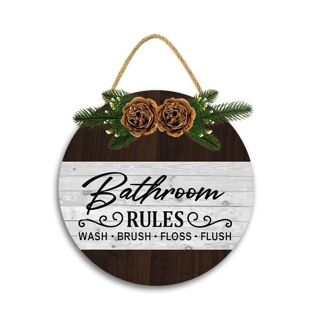 12x12In Bathroom Rule Wall Wooden Sign,Wood Hanging Wall Bathroom Plque,Farmhouse Toilet Decorations Restroom Wall Decor,Round Rustic Wood Sign for Home Front Door Decor