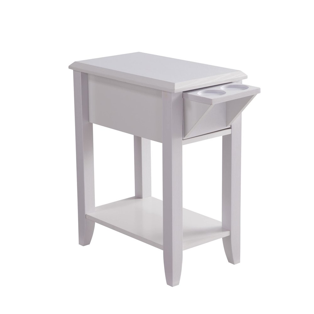 Benjara 24 Inch Modern Chairside Table with Extendable Drawer and Cupholders, White