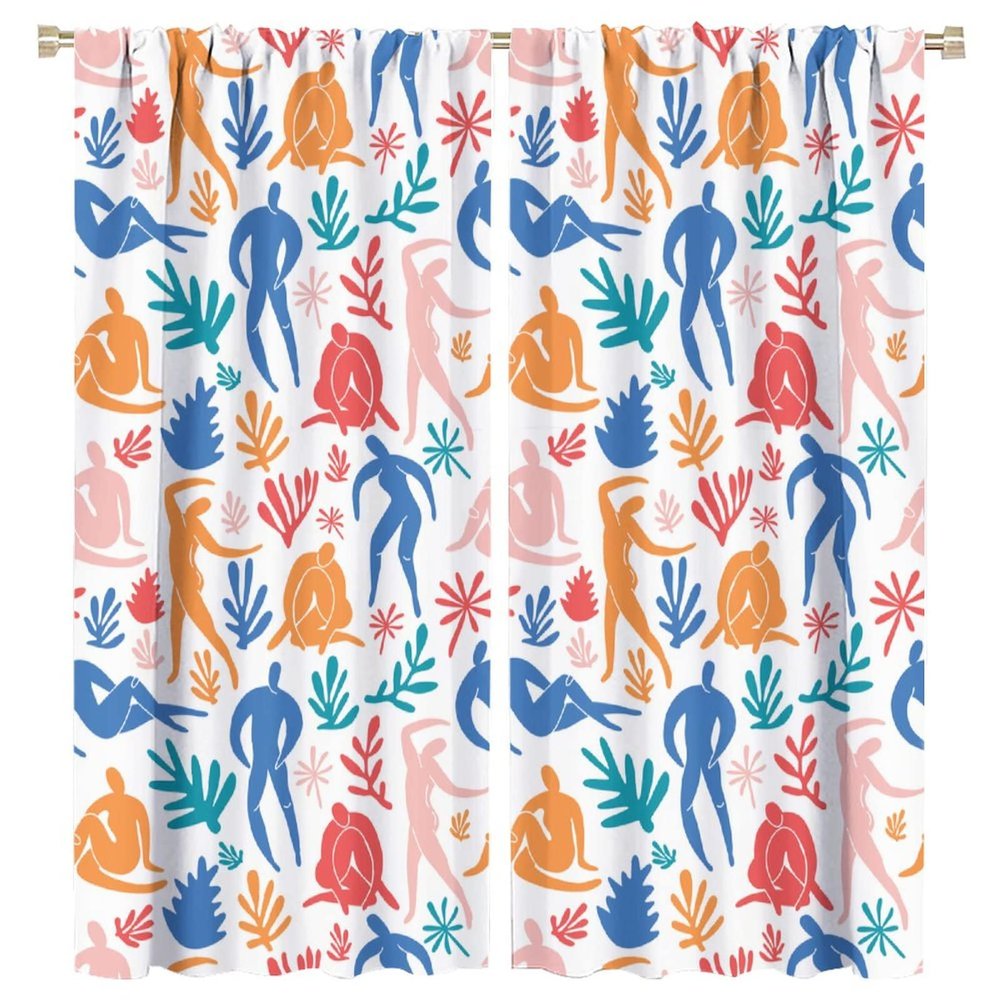 Abstract Boho Curtain,Abstract Doodle Pastel Human Body Leaves Floral Art Theme Home Fabric Living Room Bedroom Kitchen Bathroom Decor W63xL72in