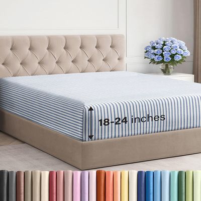 Extra Deep King Fitted Sheet - Hotel Luxury Single Fitted Sheet Only - Easily Fits 18 inch to 24 inch Mattress - Ultra Soft, Wrinkle Free with Extra Deep Pockets - Breathable & Comfy - Blue Stripes