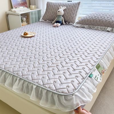 FCLDESHOP Deep Pocket Queen Sheets,Latex Ice Silk Bedding Sheets, Summer Cool Skin-Friendly Cartoon Print Mattress Cover Ruffles Bed Cover,Grey,200 * 220cm
