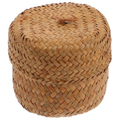 Yardwe Mini Basket Lid Seagrass Storage Basket for Packaging Box Sundries Container for Decor