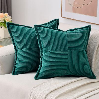 HAUSSY Teal Throw Pillow Covers 22x22 Inch Set of 2, Soft Corduroy Solid Striped,Square Decorative Cushion Case,Winter Home Decorations for Couch,Bed
