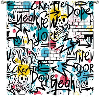 Abstract Brick Wall Curtains,Graffiti Grunge Art Wall New York City Print Curtains for Teens Bedroom Living Room Hop Art Wall Window Drapes 2 Panel Set,Total Size 84" x 84"