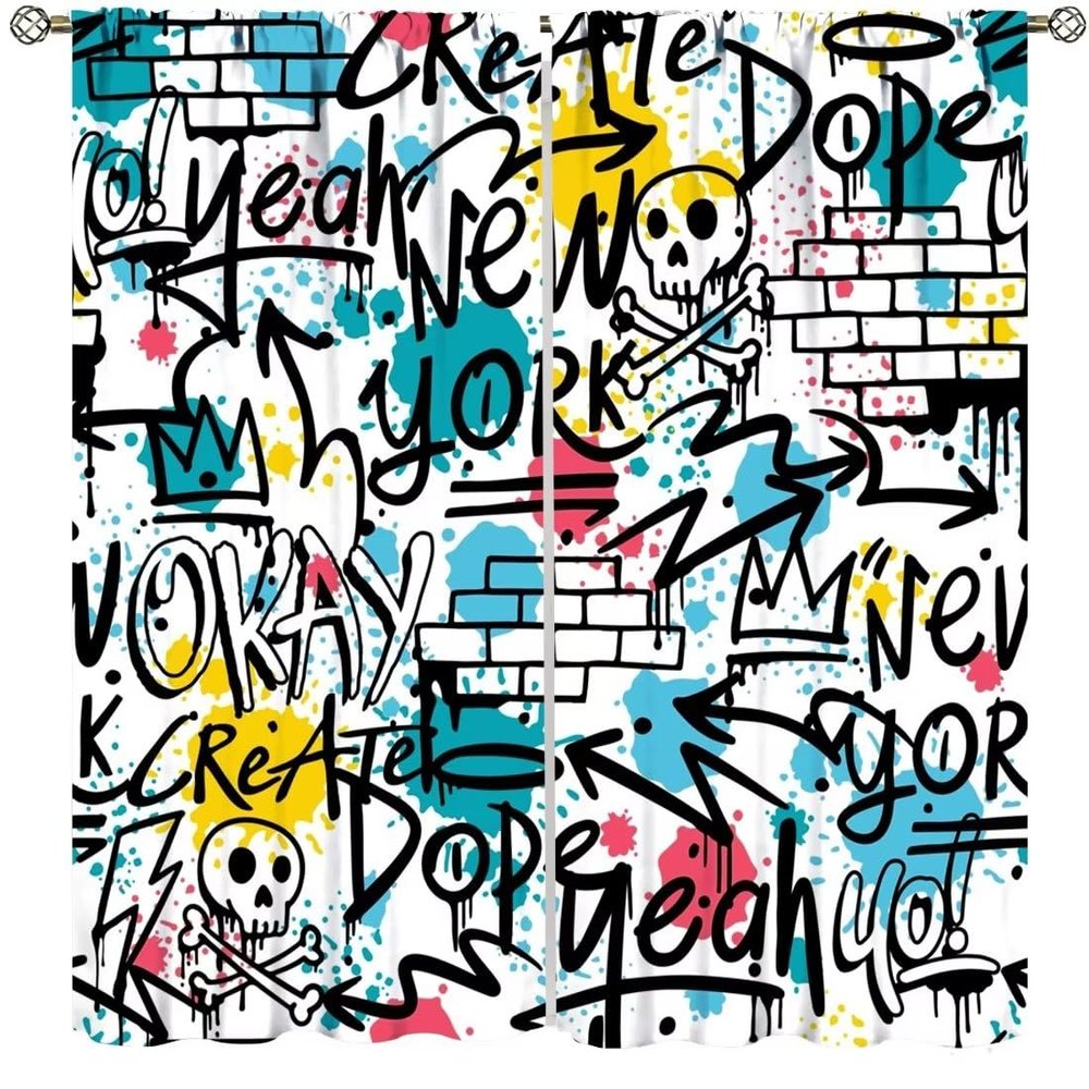 Abstract Brick Wall Curtains,Graffiti Grunge Art Wall New York City Print Curtains for Teens Bedroom Living Room Hop Art Wall Window Drapes 2 Panel Set,Total Size 84" x 84"