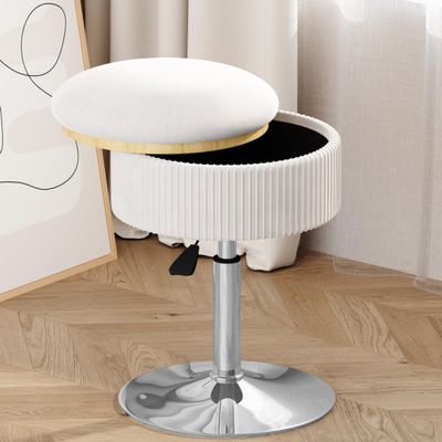 ACEQLYT Vanity Stool with Storage, High-Density Non-Sagging Foam Makeup Chair, Height Adjustable 360 Swivel Ottoman, Heavy Duty Metal Base, Beige Velvet Vanity Chair for Bedroom, Bathroom