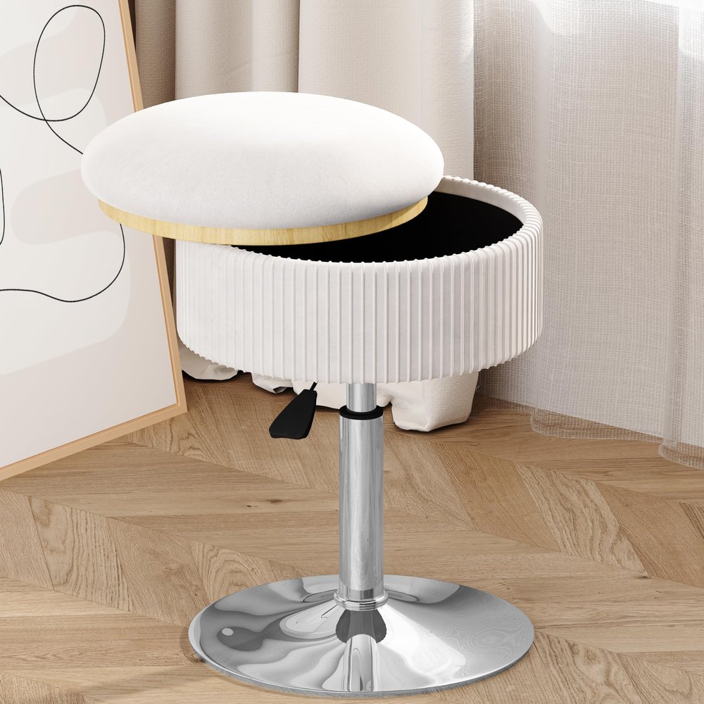 ACEQLYT Vanity Stool with Storage, High-Density Non-Sagging Foam Makeup Chair, Height Adjustable 360 Swivel Ottoman, Heavy Duty Metal Base, Beige Velvet Vanity Chair for Bedroom, Bathroom