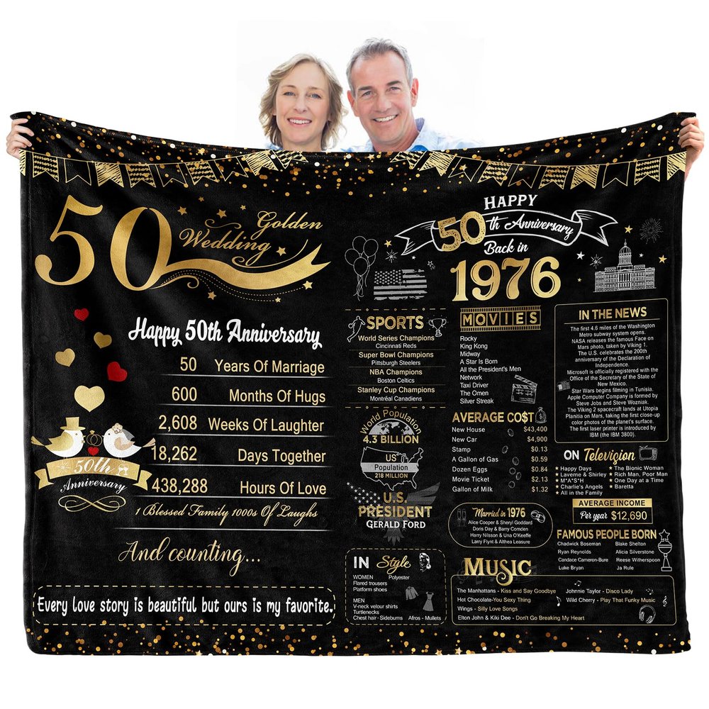 elseven 50th Anniversary Wedding Gift 50th Wedding for Her 50 Year Anniversary for Couples Wife Husband Best Anniversary Blanket Present Throw Blanket 50x60 Inch, Golden