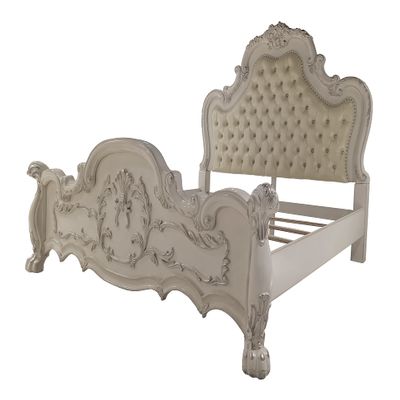 Acme Dresden Wooden Bed with Faux Leather Upholstery in Bone White