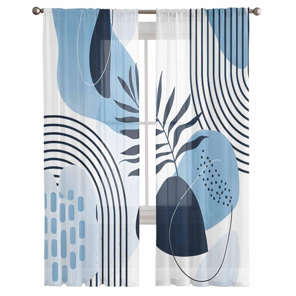 Abstract Boho Semi Sheer Curtains 84 inch Length for Living Room,Rod Pocket Light Filter Sheer Curtains,Blue Modern Geometric Leaves Mid Century Window Treatments Drapes for Bedroom Kitchen,2 Panels