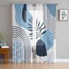 Abstract Boho Semi Sheer Curtains 84 inch Length for Living Room,Rod Pocket Light Filter Sheer Curtains,Blue Modern Geometric Leaves Mid Century Window Treatments Drapes for Bedroom Kitchen,2 Panels view 3