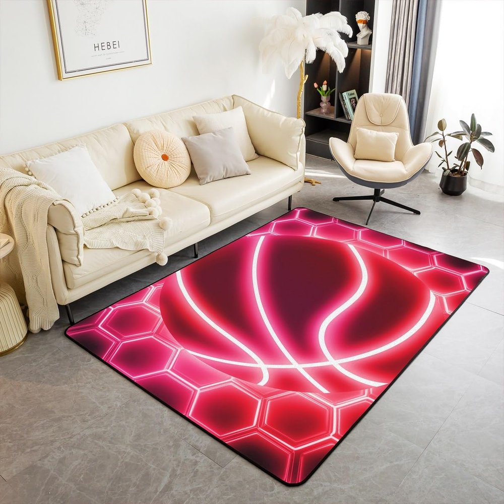 Abstract Basketball Area Rug 5x6'6'' Red Pink Neon Light Honeycomb Plaid Non Slip Rug for Teens Adults Modern Hippie Extreme Sports Style Indoor Floor Mat for Bed Chairs