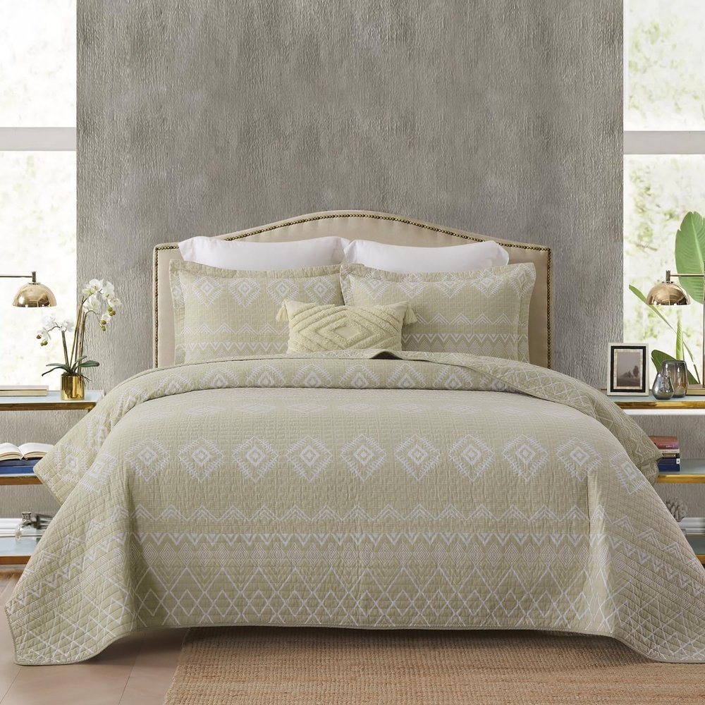 Finlonte Quilts Queen Size Sets, 100% Cotton Lightweight Boho Queen Bedspread, Beige White Striped Geometric Soft Reversible Queen Quilt Set for Bed All Season, 3-Pieces