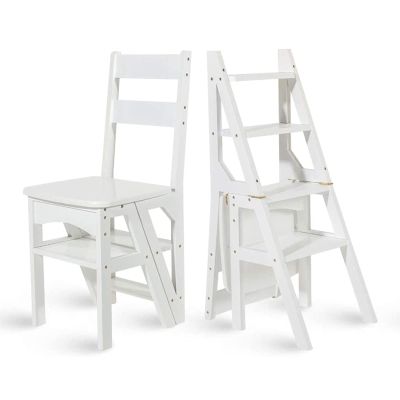 4 Step Ladder Wooden Folding Step Stool Stepladders Storage Shelf Rack with Wide Pedal for Household, Office, Plant Pots Displaying/White