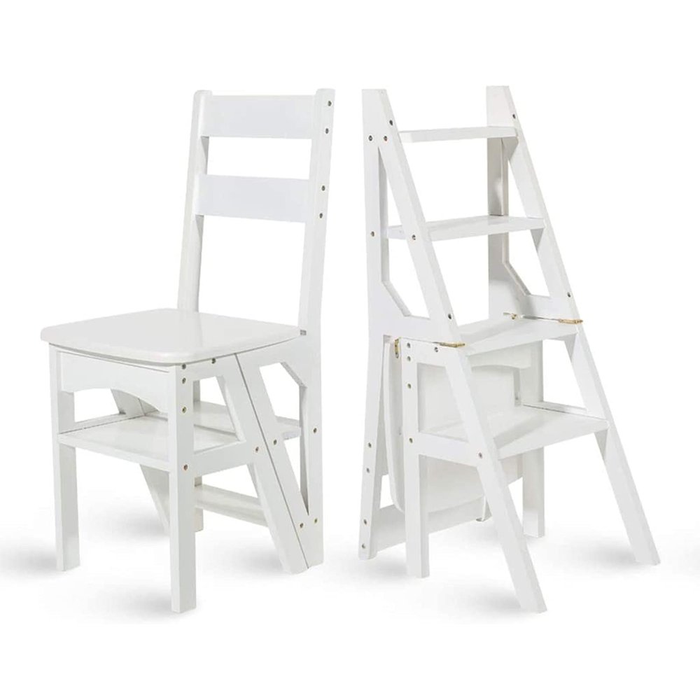 4 Step Ladder Wooden Folding Step Stool Stepladders Storage Shelf Rack with Wide Pedal for Household, Office, Plant Pots Displaying/White