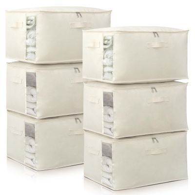 Canvas Comforters Bags Closet Organizers and Storage for Quilts Clothes Organization Containers Bins with Sturdy Zipper, Clear Window 75L for Sweaters Blankets Storage Bedroom Collapsible 6Pack