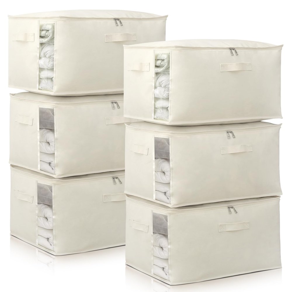 Canvas Comforters Bags Closet Organizers and Storage for Quilts Clothes Organization Containers Bins with Sturdy Zipper, Clear Window 75L for Sweaters Blankets Storage Bedroom Collapsible 6Pack