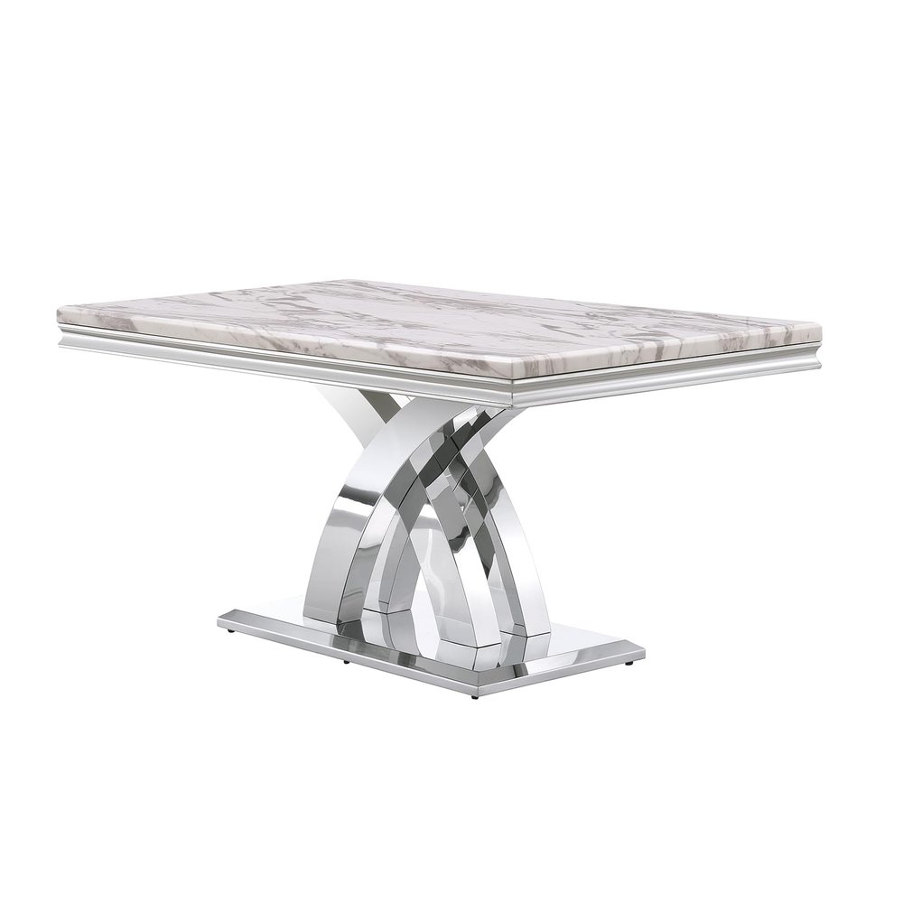 AUZ Dining Table, 65" Rectangular Modern Kitchen and Dining Room Table with Silver Double X Base in White Silver