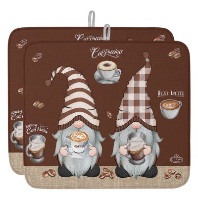 Kitchen Dish Drying Mat 2 Pack 16x18inch, Coffee Gnome Coffee Beans on Brown Background Dish Mat Absorbent Microfiber Dish Drainer Mat Washable Drying Pad for Kitchen Countertop Sink