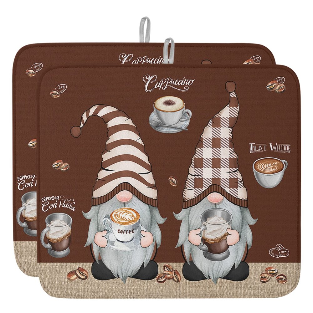 Kitchen Dish Drying Mat 2 Pack 16x18inch, Coffee Gnome Coffee Beans on Brown Background Dish Mat Absorbent Microfiber Dish Drainer Mat Washable Drying Pad for Kitchen Countertop Sink