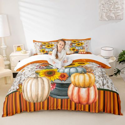Fall Pumpkins Duvet Cover Set Twin Size,Sunflowers Maple Leaves Thanksgiving Day Bedding Set,Kids Boys Girls Adults Cabin Decor,Wooden Plank Rustic Comforter Cover,Colorful Quilt Cover,1 Pillowcase