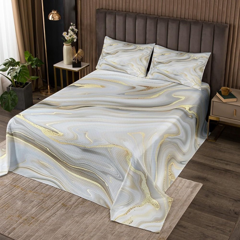 Erosebridal Marble Watercolor Bedspread Queen Size Abstract Quilt Set for Women Men, Stone Pattern Coverlet Set Gold Metallic Bedding Set, Grey Mountain Fluid Bed Cover Soft Cozy