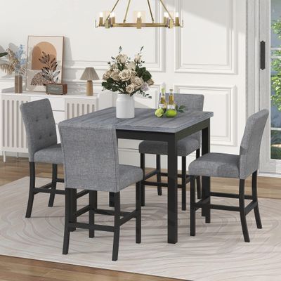 JIVOIT Retro Style Counter Height Dining Table Set, 5-Piece Wood Kitchen Set with Dining Room Table and Chairs Stools w/Footrest & 4 Upholstered High-Back Chairs for Dining Room