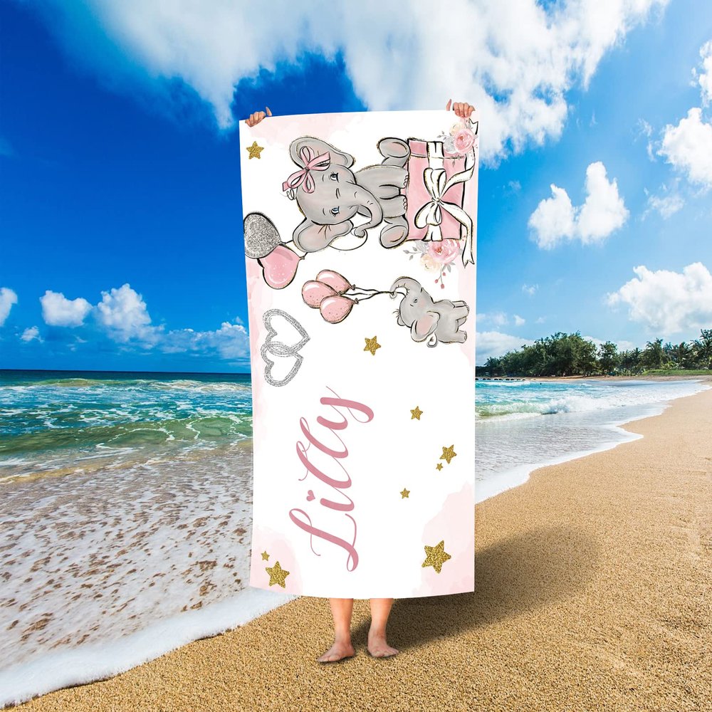 Personalized Elephant Beach Towel for Kids - Quick Dry Custom Name Love Gift Bath Towel for Boys and Girls - Perfect for Travel Swimming(39"x71")