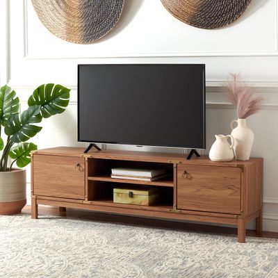 SAFAVIEH Galio TV Stand for up to 65" Flatscreen  Oak & Gold, 2 Doors with Interior Storage, 2 Open Shelves, Entertainment Media Console (MED9612D)